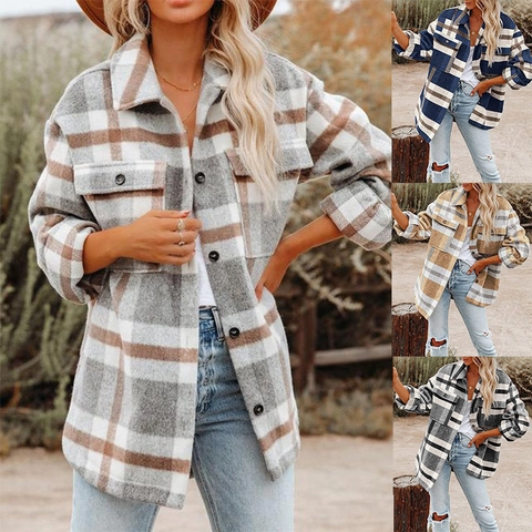 Damen Karo Hemdjacke Langarm Wollen Flanell Karo Hemdjacke Übergroße Knopfleiste Oberbekleidung Mit Taschen Winter Herbst