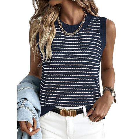 Women Casual Knit Striped Tank Top Sleeveless Round Neck Hollow Out Sweater Vest Top For Daily Commute Office Wear