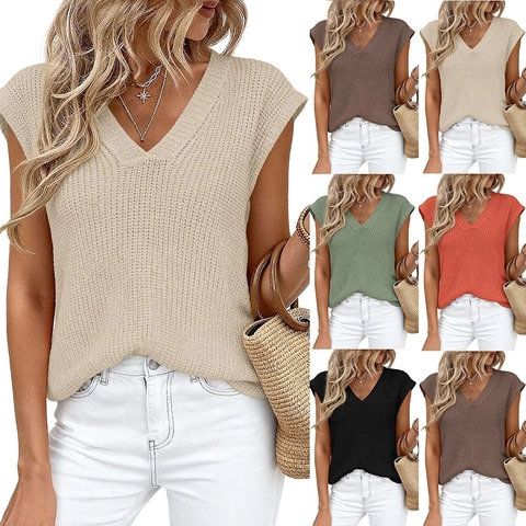 Pull sans Manches Col en V Femme Grosse Maille Décontracté Ample Haut Pullover pour Été Automne