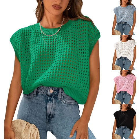 Dames Casual Opengewerkte Gebreide Top Ronde Hals Mouwloze Gehaakte Tanktop Voor Zomer Strand Vakantie Pullover
