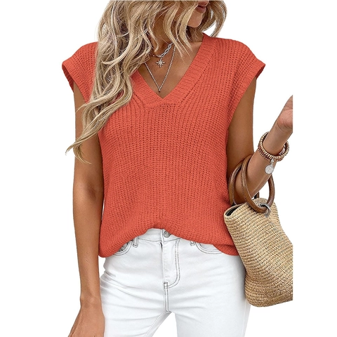 Pull sans Manches Col en V Femme Grosse Maille Décontracté Ample Haut Pullover pour Été Automne
