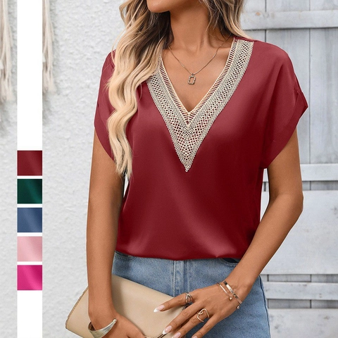 Damen Casual Satin V-Ausschnitt Bluse Elegant Spitzen-Patchwork Kurzarm Top Sommer Büro Pendeln Täglich Locker Hemd