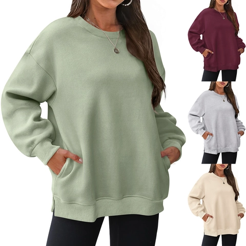 Sweatshirt Décontracté Surdimensionné à Col Rond pour Femme Pullover en Polaire à Manches Longues Avec Poches Couleur Unie Top Coupe Ample