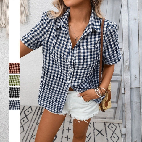 Women Casual Plaid Short Sleeve Shirt With Pocket Button Down Lapel Collar Gingham Blouse Top Summer Casual Fashion Clothing