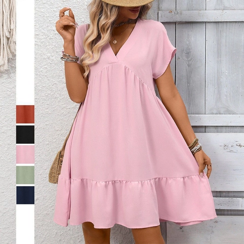 Vestido Casual con Cuello en V y Volantes para Mujer Manga Corta Cintura Alta Verano Babydoll Vacaciones Mini Vestido