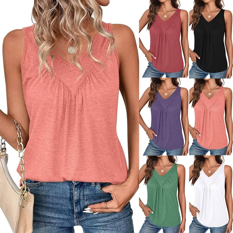 Women's Casual V Neck Sleeveless Tank Top Solid Color Loose Pleated Gathers Summer T Shirt Polyester Viscose Spandex Top