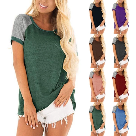 Maglietta da Donna Casual con Maniche Raglan Corte Girocollo Vestibilità Larga Blocco di Colore Misto Cotone Top Estivo
