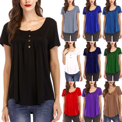 Women's Casual Cotton Blend Henley V-Neck T-Shirt Short Sleeve Loose Pleated Button Decorative Solid Color Basic Summer Top