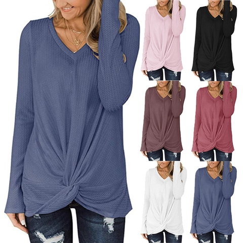 Camiseta Informal de Punto de Gofre para Mujer Cuello en V Manga Larga con Dobladillo de Nudo de Torsión Top de Jersey Holgado