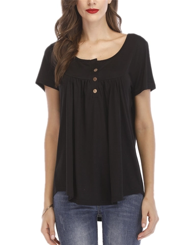 Maglietta Henley da Donna Casual a Maniche Corte T-Shirt a Pieghe Scollo Rotondo Largo Con Bottoni in Legno Tinta Unita