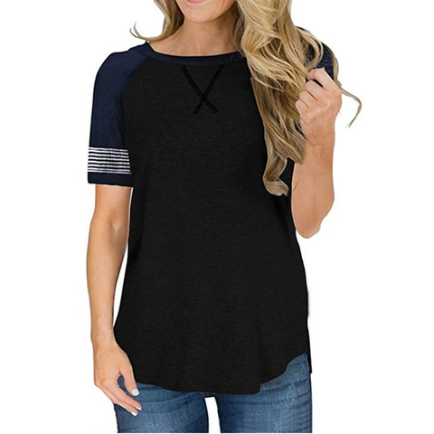Dames Casual Raglan Korte Mouw T-Shirt Contrast Kleur Streep Patchwork Losse Ronde Hals Katoenmix Top Zomer Dagelijks