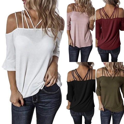 Damen Kalt Schulter Glockenärmel T-Shirt Riemchen Baumwollmischung Schulterfrei Top Casual Streetwear Einfarbig Tee