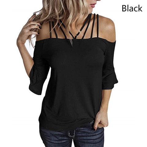 Damen Kalt Schulter Glockenärmel T-Shirt Riemchen Baumwollmischung Schulterfrei Top Casual Streetwear Einfarbig Tee