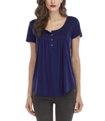 Women's Casual Cotton Blend T-Shirt Loose Henley Neck Short Sleeve Pleated Ruched Top Tee For Summer Everyday Comfort Wear