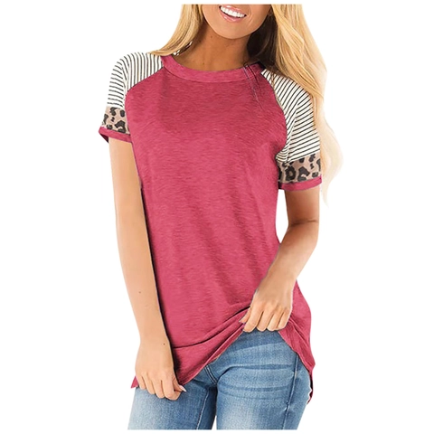Women Casual Raglan Short Sleeve T-Shirt Leopard Stripe Patchwork Round Neck Cotton Blend Loose Summer Top