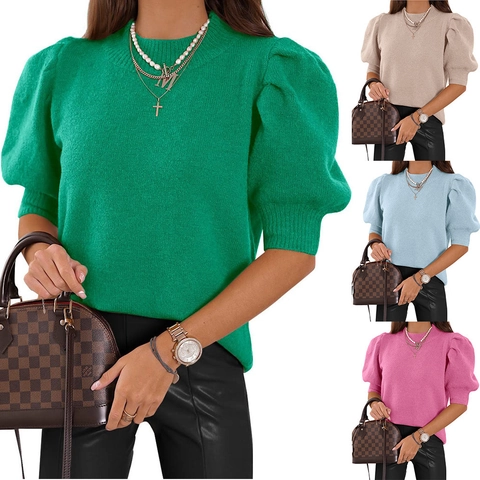 Pull en Tricot à Manches Bouffantes Décontracté pour Femmes Col Rond Manches Courtes Couleur Unie Mélange de Polyester