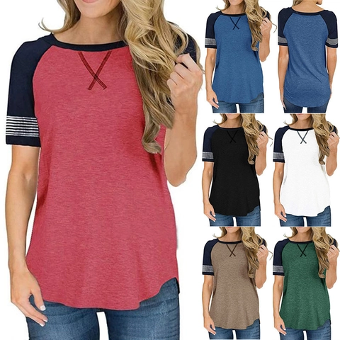 Dames Casual Raglan Korte Mouw T-Shirt Contrast Kleur Streep Patchwork Losse Ronde Hals Katoenmix Top Zomer Dagelijks