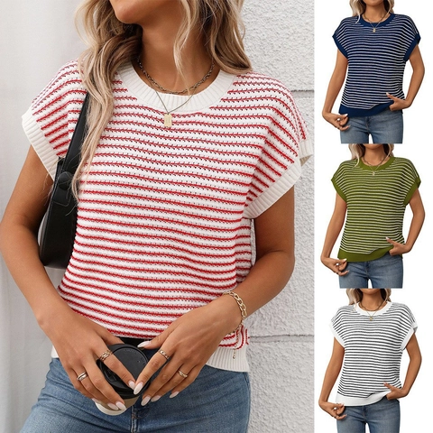 Women Casual Striped Knit Short Sleeve Sweater Round Neck Color Block Pullover Top Soft Raglan Sleeve Knitted Jumper