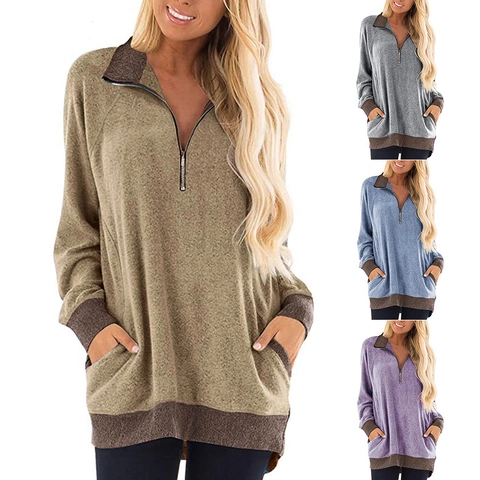 T-Shirt à Manches Longues Décontracté pour Femmes Mélange de Coton Sweat-shirt Color Block Avec Fermeture Éclair et Doubles Poches