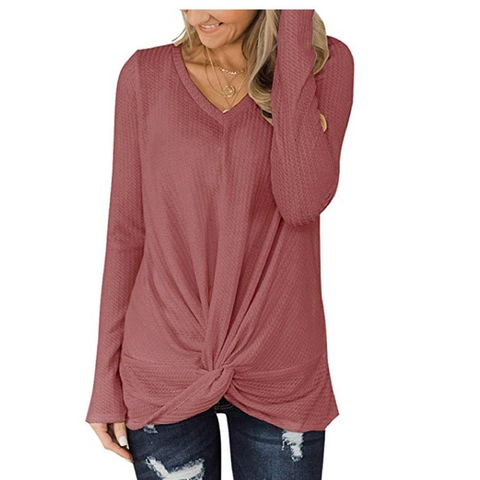 Camiseta Informal de Punto de Gofre para Mujer Cuello en V Manga Larga con Dobladillo de Nudo de Torsión Top de Jersey Holgado