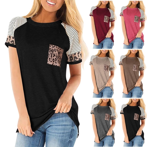 Women Casual Leopard Stripe Patchwork Short Sleeve T-Shirt Round Neck Cotton Blend Pocket Tee Top Urban Fashion