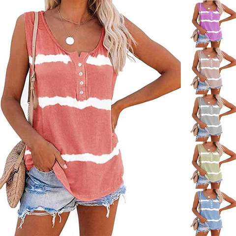 Débardeur Henley à Rayures Tie-Dye pour Femmes Col en V sans Manches avec Boutons T-Shirt d'Été Casual Ample Cami