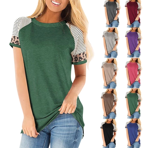 Women Casual Raglan Short Sleeve T-Shirt Leopard Stripe Patchwork Round Neck Cotton Blend Loose Summer Top
