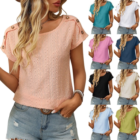 Women Casual Short Sleeve T-Shirt Round Neck Hollow Out Eyelet Top With Shoulder Button Decoration Summer Fashion Clothing