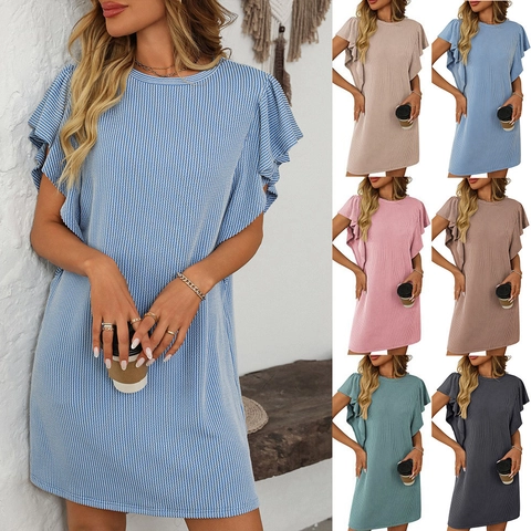 Women Casual Ribbed Knit Midi Dress Round Neck Ruffle Sleeve Solid Color Straight Summer Fashion T-Shirt Dress For Daily