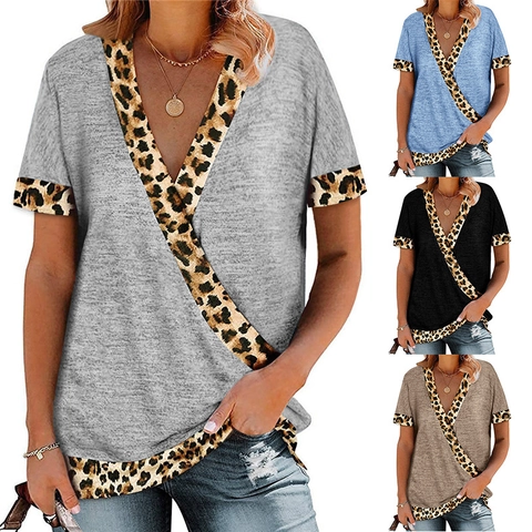 Damen Sexy V-Ausschnitt Leopardenmuster Patchwork T-Shirt Locker Kurzarm Baumwollmischung Top Elegant Sommer Lässig Tee