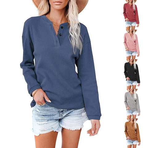 Haut Henley en Tricot Gaufre pour Femmes Mélange de Coton Col en V avec Boutons T-Shirt Décontracté Ample à Manches Longues Couleur Unie Automne Hiver