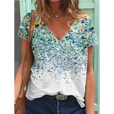 T-Shirt Décontracté pour Femmes Col en V Manches Courtes Imprimé Floral Été Dégradé Motif Ample Confortable Mélange de Coton