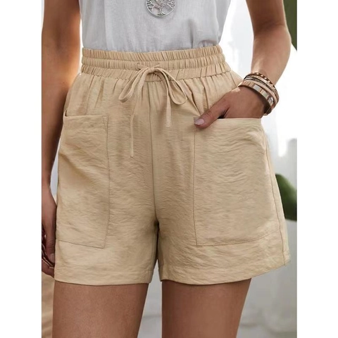 Pantalones Cortos Casuales de Cintura Alta para Mujer Cordón Cintura Elástica Textura de Lino Color Sólido Bolsillos Verano