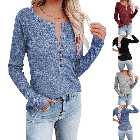 Damen Casual Henley Ausschnitt Langarm T-Shirt Melierte Strickoptik Knöpfe Basic Einfarbig Regular Fit Oberteil