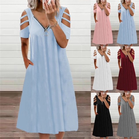 Vestido Midi de Mujer con Cuello en V y Cremallera Hombros Descubiertos Manga Corta Con Bolsillos Color Sólido Elegante de Verano Línea A