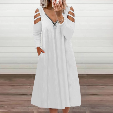 Vestido Midi para Mujer con Hombros Descubiertos Cuello en V Cremallera Manga Larga Casual Color Sólido Línea A con Bolsillos
