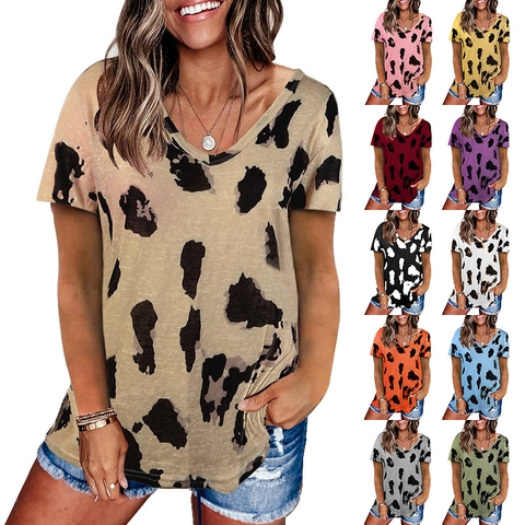 Damen Casual V-Ausschnitt Kurzarm Leopardenmuster T-Shirt Locker Baumwollmischung Sommer Pullover Top Mode Kuh Tierdruck Tee