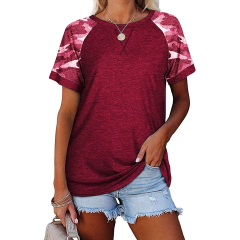 Women Casual Raglan Short Sleeve T-Shirt Camouflage Tie-Dye Print Round Neck Patchwork Cotton Blend Summer Loose Fashion Top