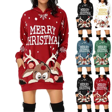 Women's Christmas Reindeer Print Hooded Sweatshirt Dress Long Sleeve Pocket Casual Winter Festive Hoodie Dress Mini Dress
