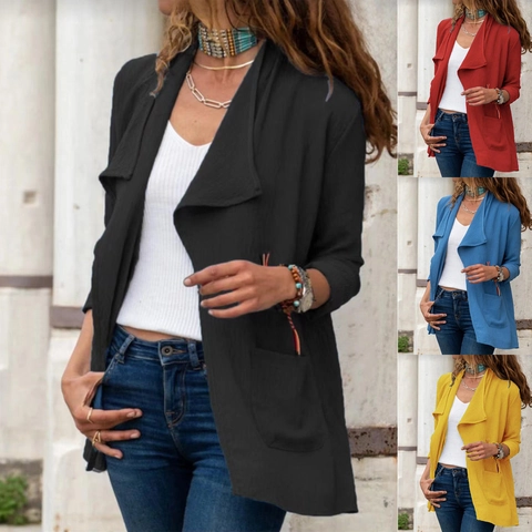 Damen Mittellanger Trenchcoat Vorne Offen Leichte Strickjacke Einfarbig Revers Langarm Oberbekleidung Jacke Mit Taschen Casual