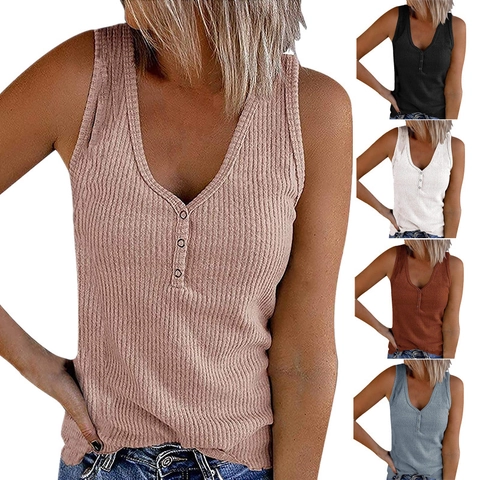 Dames V-hals Geribbelde Tanktop Casual Mouwloos Henley Shirt Knoopsgat Effen Kleur Slim Fit Gebreid Vest Zomer Tops