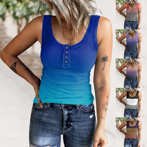 Γυναικείο Rib Ombre Henley Αμάνικο Μπλουζάκι από Μείγμα Βαμβακιού Στενή Γραμμή Γιλέκο Με Διακοσμητικά Κουμπιά Καλοκαιρινό Casual Αμάνικο Τοπ