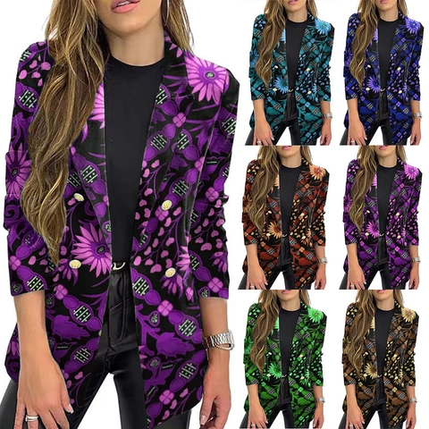 Blazer da Donna a Maniche Lunghe con Stampa Floreale Vintage Rever Monopetto Giacca da Abito Casual Autunno Inverno Moda Ufficio