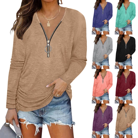 Damen Casual Baumwollmischung V-Ausschnitt Reißverschluss T-Shirt Langarm Gerafft Raglan Tops Einfarbig Locker Sitzendes Top