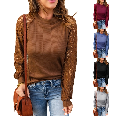 Top da Donna Casual in Maglia a Nido d'Ape Patchwork in Pizzo Maglietta a Maniche Lunghe Girocollo Elegante Camicetta Autunno Inverno