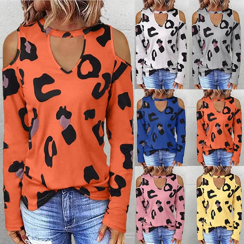 Women Leopard Print Cold Shoulder T-Shirt Sexy V Neck Cut Out Long Sleeve Loose Casual Pullover Top Fashion Streetwear