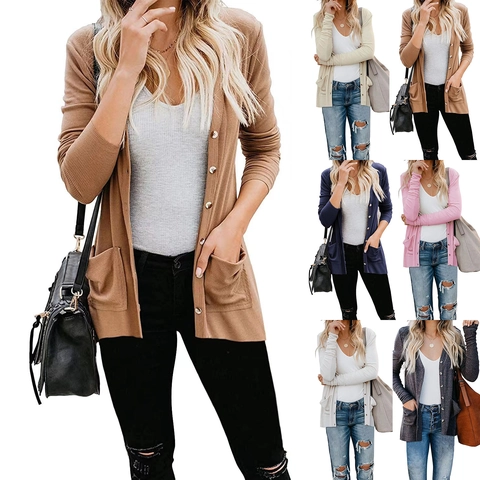 Women Casual Ribbed Knit Cardigan Sweater Long Sleeve V Neck Loose Button Front Top With Pockets Daily Office Outerwear