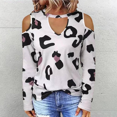 Women Leopard Print Cold Shoulder T-Shirt Sexy V Neck Cut Out Long Sleeve Loose Casual Pullover Top Fashion Streetwear
