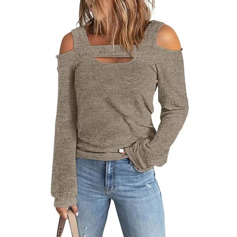 Damen Lässig Kalte Schulter Langarm T-Shirt Eckiger Ausschnitt Brust Ausschnitt Locker Strick Pullover Einfarbig Alltag