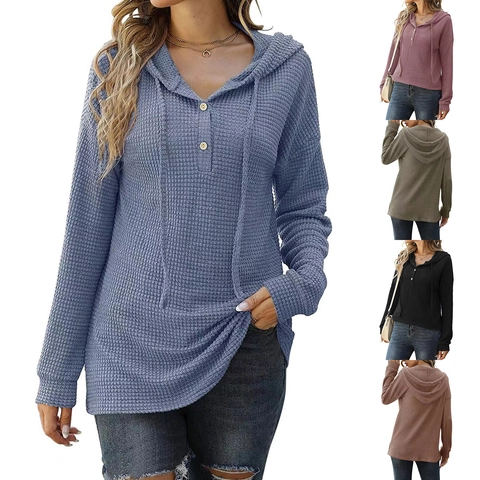 Dames Casual Wafelbreisel Trui met Capuchon Losse Lange Mouw Knoop Pullover Gebreide Top Effen Kleur Mode Herfst